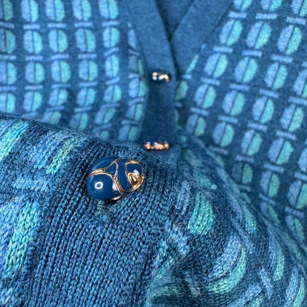 Tory Burch Walda Scarab Blue 100%‎ Merino Wool Cardigan Sweater Beetle Buttons S